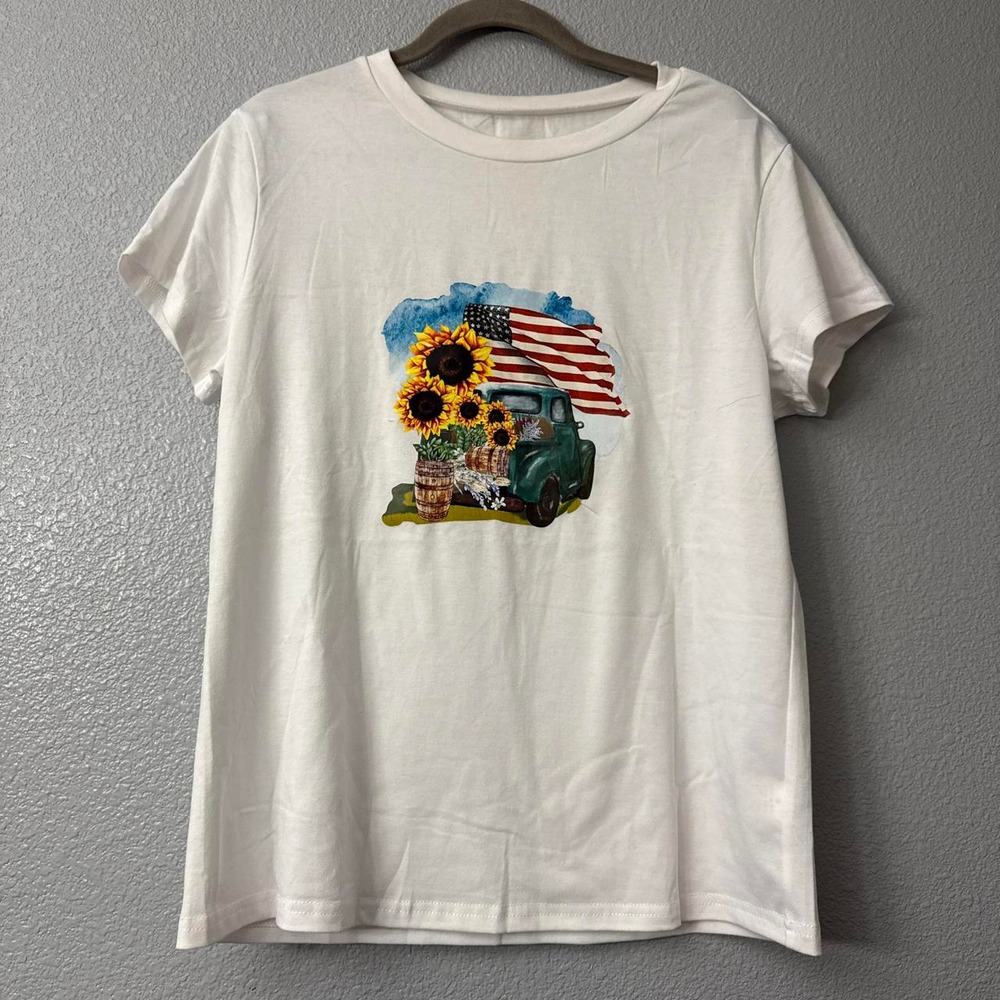 Emery Rose Women's White Graphic Tee T-Shirt with Sunflower and Truck